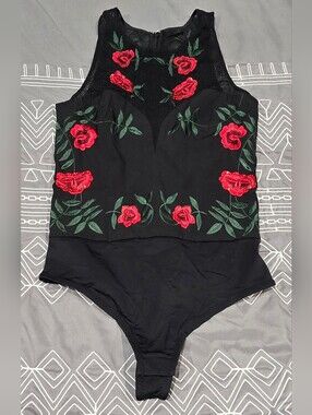NBD Floral Black And Red Bodysuit Size XS